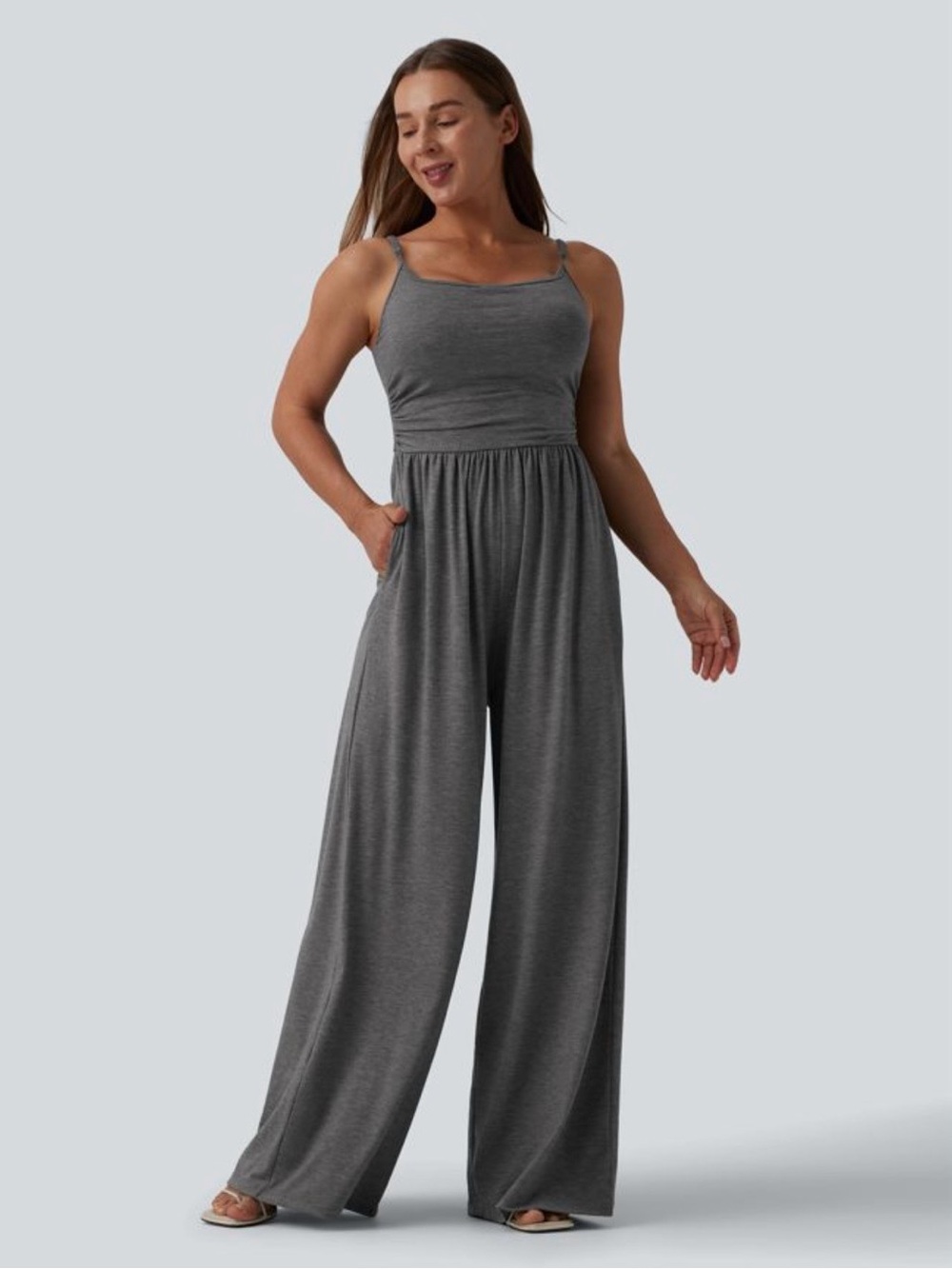 HALARA Charcoal Gray Wide-Leg Spaghetti Strap Jumpsuit